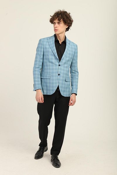 AGUSTİNİ Turquoise Color Checkered Pattern, Two Button Double Slit Pointed Collar Slim Fit Single Jacket |   Agustini
