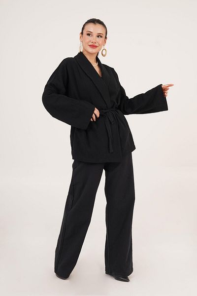 Hipo Trend Tie Detailed Jacket and Tie Detailed Trousers Black Double Set