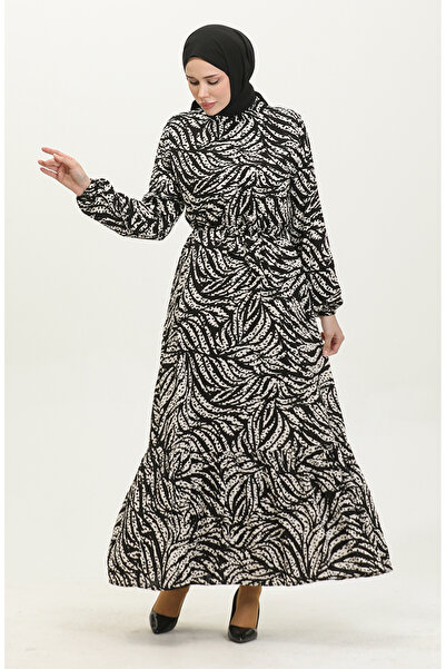 sefamerve Yaprak Desenli Viskon Elbise 0414-03 Siyah