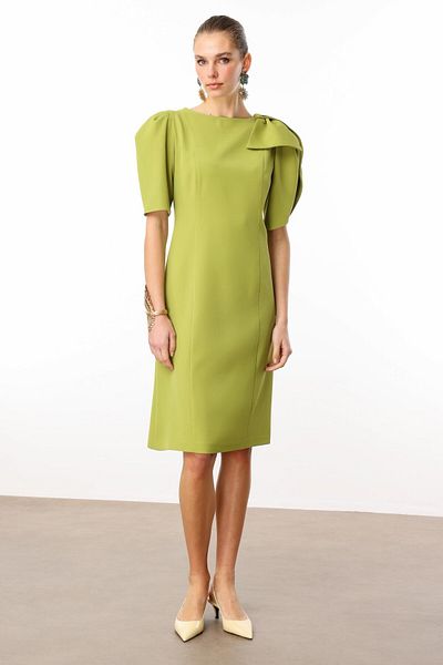 Moda İlgi Modailgi Sleeves Pleated Bow Wrap Detailed Zipper Closure Short Dress Acid