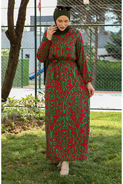 sefamerve Πράσινο φόρεμα βισκόζης - με σχέδιο και φύλλο 0439-06