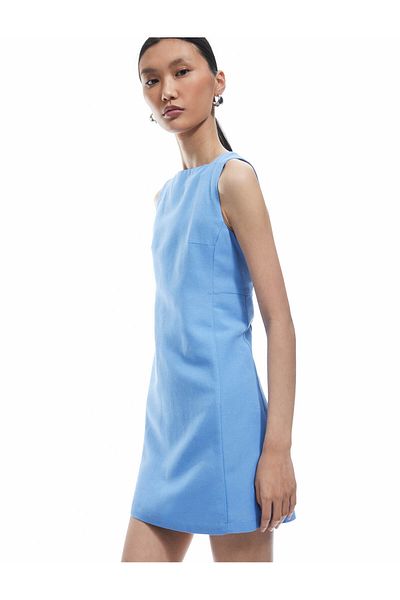 Koton Lined Linen Blend A-Line Sleeveless Square Neck Above Knee Dress