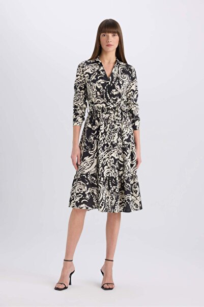 DeFacto Ing gallér mintás, hosszú ujjú, öves midi ruha E5995AX25SP