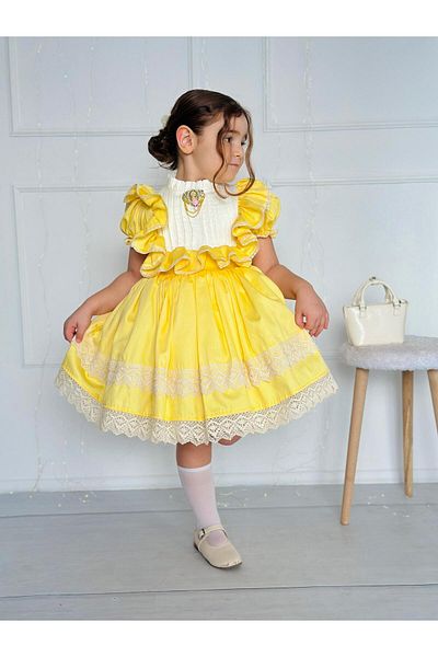Hly Karol Tasarım Sunflower Yellow Vintage Baby Girl Dress, Birthday Dress, Photo Shoot Dress, Suitable for Ages 0-12