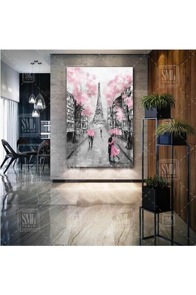 SML TABLO Pembe Ağaçlar Altında Şemsiyeli Çiftler Paris Manzara Aşk Love Dike...