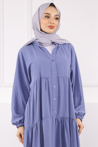İmajButik İndigo Yarım Düğmeli Eteği Katlı Modal Elbise