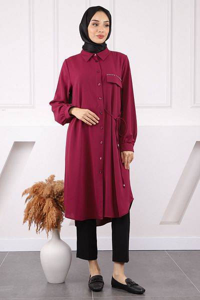 İmajButik Burgundy Side Tie Linda Tunic