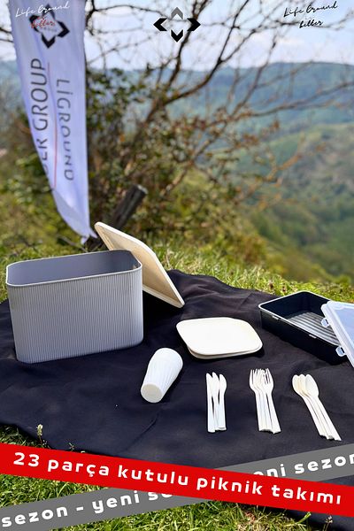 LİGROUND New Season 23 Pieces 4-Person Boxed Box with Handles and Lid Picnic Set Picnic Box Gray Picnic Basket