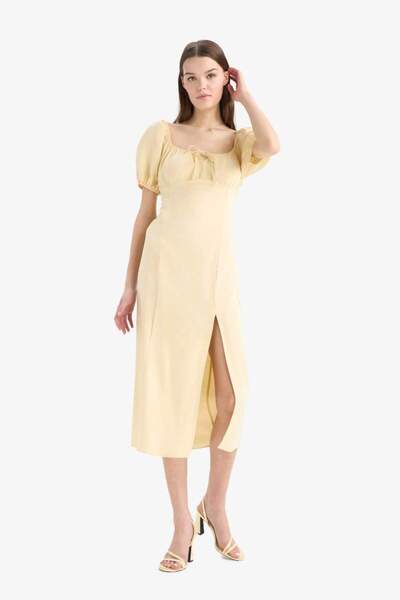 DeFacto Gelbes Damenkleid mit V-Ausschnitt und Schlitz F0534AX/YL251