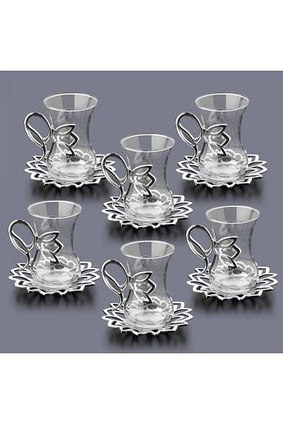FAIR HOME Demet Silver Color Tea Set for 6 People: with Metal Handle and Plate