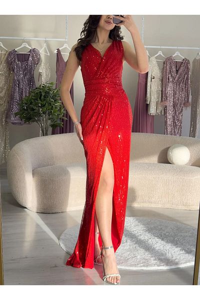 Lensia Double Breasted Neckline Sequin Sequin Zero Sleeve Slit Dress
