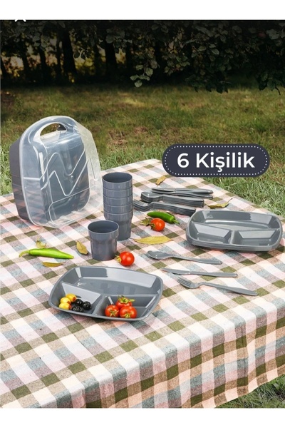 Genel Markalar Gri Piknik Seti - 6 Kişilik Çatal Kaşık Bıçak Bardak 3 Bölmeli...