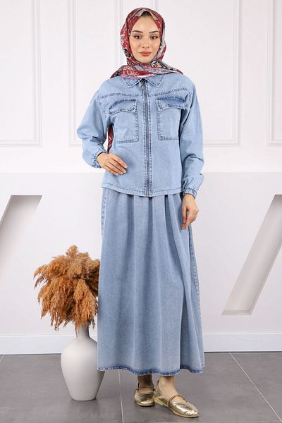 İmajButik Σετ τζιν μπλε σακάκι φούστα