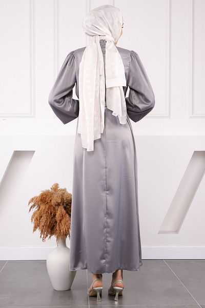 İmajButik Βραδινό φόρεμα σατέν με γιακά με μπαλόνι σε γκρι χρώμα