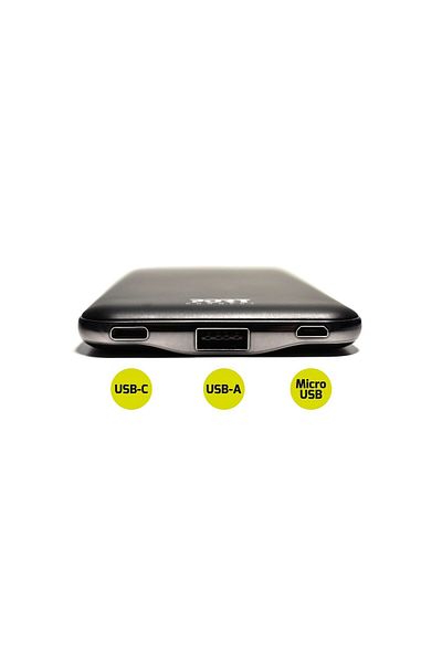 PORT DESIGNS Acumulator Extern Port Designs 10000 mAh, Subtire, USB-C, USB-A, micro-USB, 2A, Li-Polymer, Negru