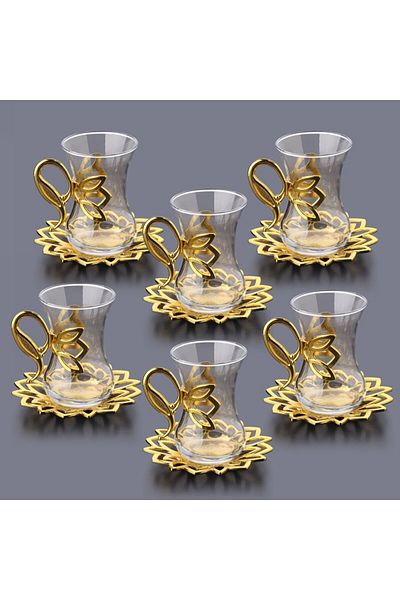FAIR HOME Demet Gold Tea Set for 6 People: with Metal Handles and Plates