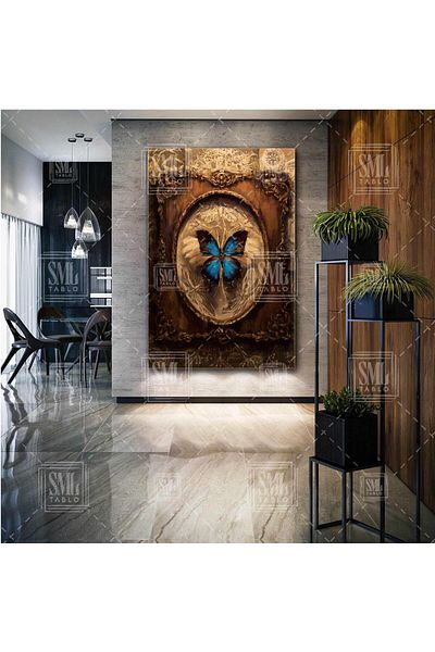 SML TABLO Blue Butterfly Art Ελαιογραφία Κάθετη ζωγραφική σε καμβά με ξύλινο δάπεδο