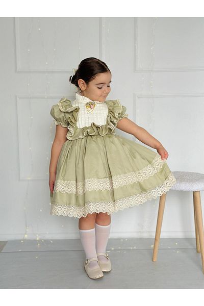Hly Karol Tasarım Grass Green Vintage Baby Girl Dress, Birthday Dress, Photo Shoot Dress, Suitable for 0-12 Years Old