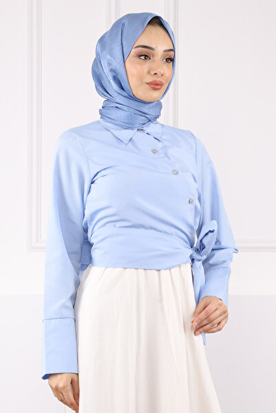 İmajButik Baby Blue Tie Waist Crop πουκάμισο