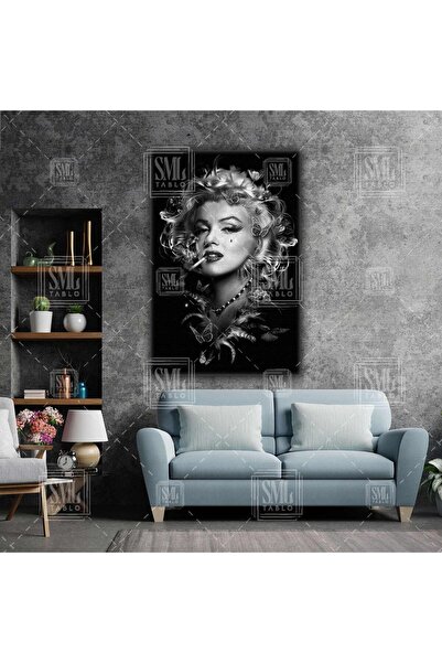 SML TABLO Marılyn Monroe Sigara Kelebek Kadın Yağlı Boya Efektli Dikey Kanvas Tablo