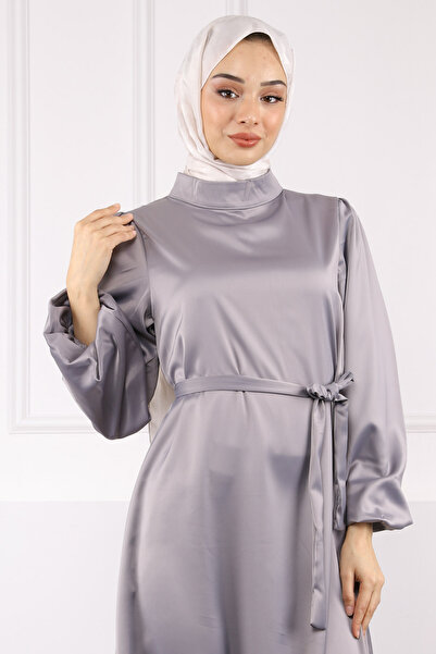 İmajButik Gray Judge Collar Balloon Sleeve Satin Evening Dress