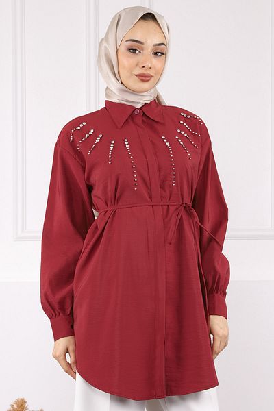 İmajButik Burgundy Modal Tunic with Stones on the Front
