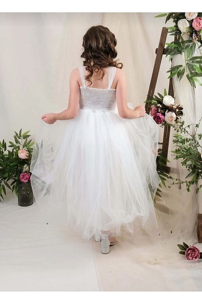 Blotch Stylish and Elegant Shoulder Tulle Strap Belt Silver Sequined White Color Graduation Dress Evening Dress