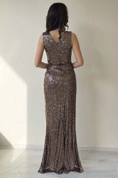 Lensia Double Breasted Neckline Sequin Sequin Zero Sleeve Slit Dress