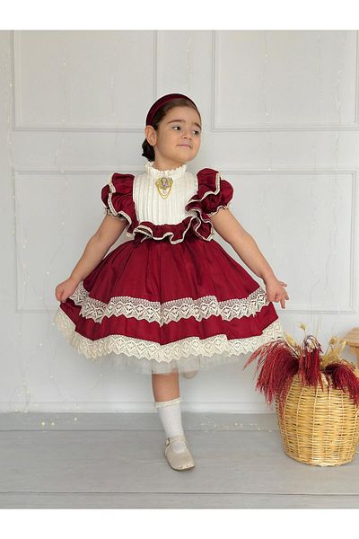 Hly Karol Tasarım Zebrina Burgundy Vintage Baby Girl Dress, Birthday Dress, Photo Shoot Dress, Suitable for Ages 0-12