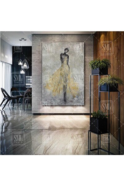 SML TABLO Sarı Etekli Afrikalı Kadın Woman Soyut Sanat Çizgisel İnsan Dekor D...