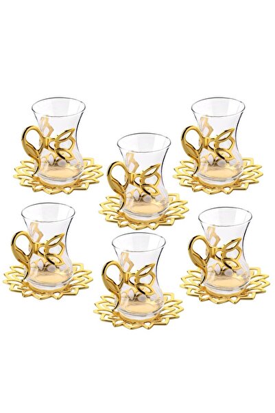 FAIR HOME Demet Gold Tea Set for 6 People: with Metal Handles and Plates