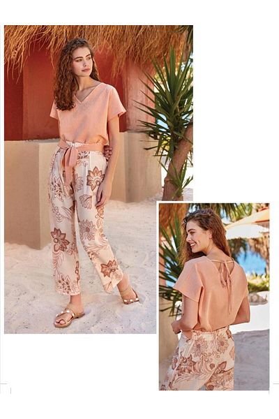 Berrak 9156 Women's Salmon Floral Flower Pattern Pants Suit