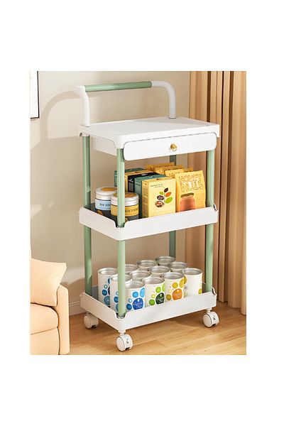Herum Shelf with 3 shelves and drawer, with wheels, plastic, White/Green, 36.5 x 28 x 74.5 cm
