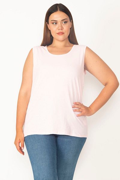 Şans Women's Large Size Pink Cotton Fabric Crew Neck Sleeveless Blouse 65n27317