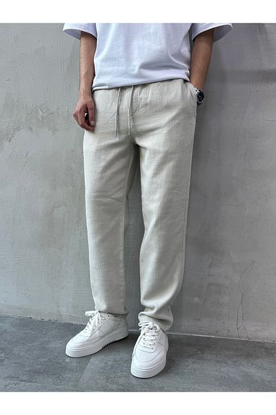 DİFRANSEL Μπεζ λινό παντελόνι Relaks Fit Relaxed Cut