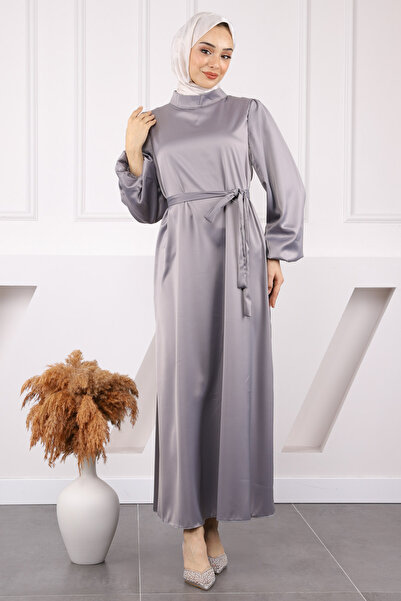 İmajButik Gray Judge Collar Balloon Sleeve Satin Evening Dress