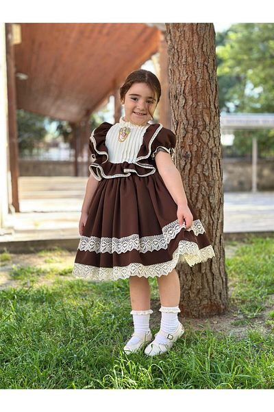 Hly Karol Tasarım Рокля за бебешко момиче Verona Brown Vintage, рокля за рожден ден, рокля за фотосесия, 0-13 години