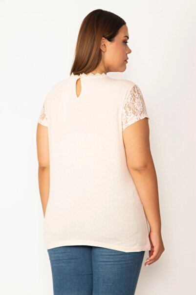 Şans Women's Large Size Pink Robe and Sleeves Lace Detailed Blouse 65n27774