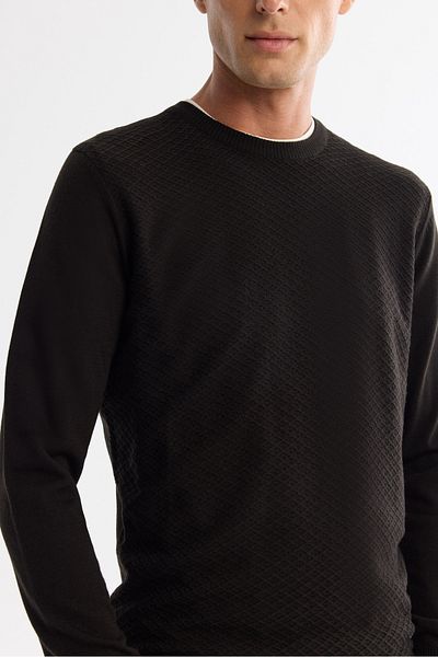 Avva Men's Black Crew Neck Textured Knitwear Sweater E 005109
