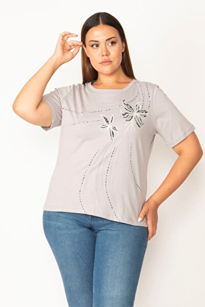 Şans Dámská velká šedá halenka z bavlněné tkaniny s potiskem vpředu s krátkým rukávem 65n27881