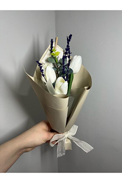 Luxe Floral Bouquet '6' Pieces of Eucalyptus Decorated 3-Piece Mini Tulip Bouquet & Mother's Bouquet & Women's Day & Coffee Side Flower
