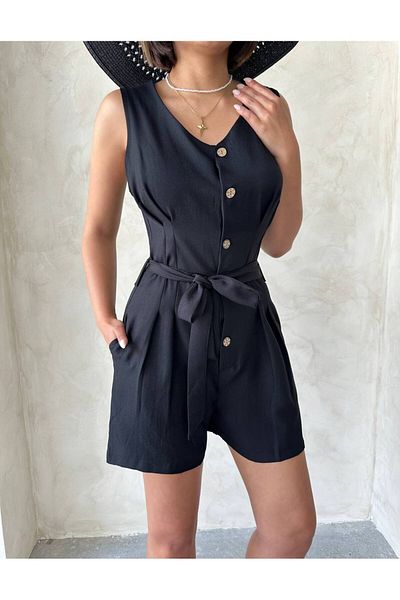 Bleu Petite Linen Fabric Belted Women's Shorts Jumpsuit