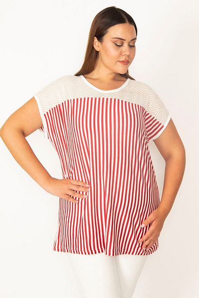 Şans Women's Large Size Red Front Robe Lace Detailed Low Sleeve Striped Blouse 65n27394
