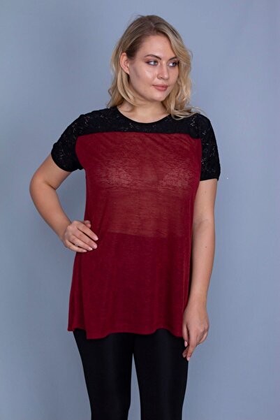 Şans Women's Large Size Burgundy Roba Lace Detailed Low Sleeve Blouse 65n25838