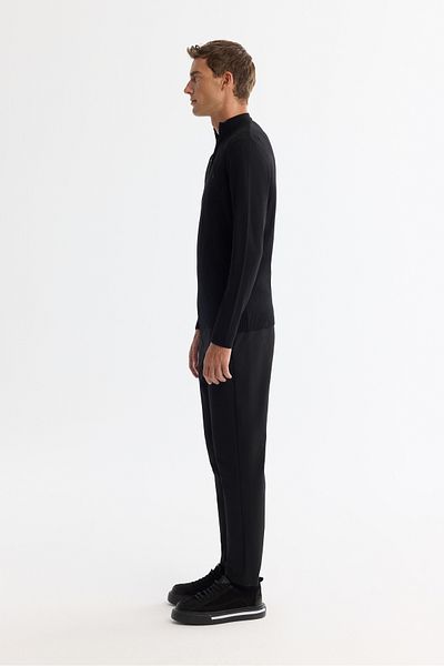 Avva Men's Black Stand Collar Zippered Stripe Detailed Soft Touch Knitwear Sweater A42Y5071