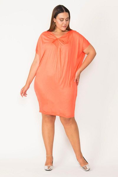 Şans Women's Large Size Orange Thin Viscose Collar Detailed Tunic 65n27414