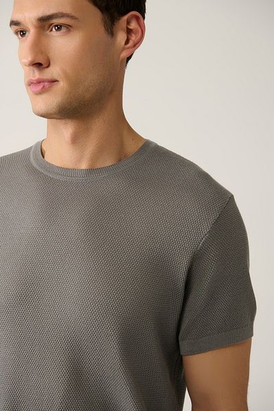 Avva Men's Anthracite Crew Neck Textured Cotton Knitwear T-Shirt E 005027