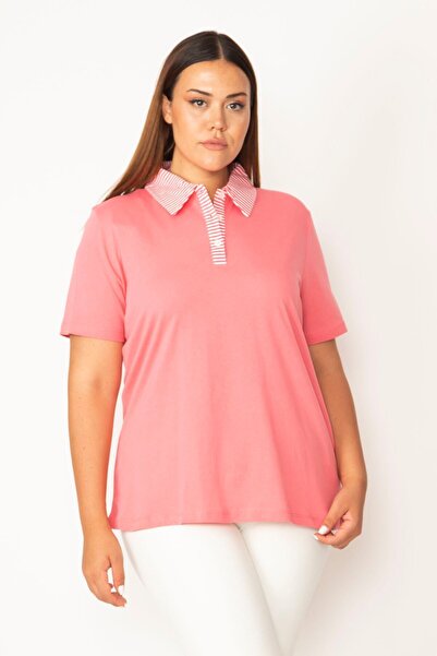 Şans Γυναικεία μπλούζα μεγάλου μεγέθους ροζ βαμβακερό ύφασμα πόλο μπροστινό λαιμό με κουμπιά 65n27823