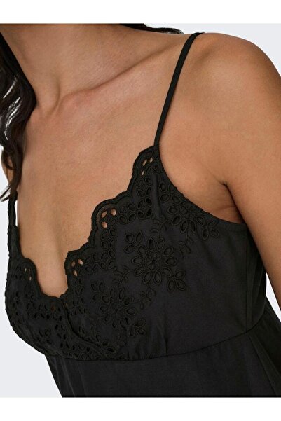 ONLY Onllou Life Broderie Anglaise Detail Black V-Neck Organic Cotton Dress