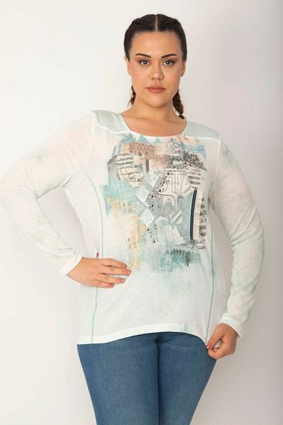 Şans Women's Large Size Green Collar and Front Appliqued Stone Detailed Blouse 65n27239
